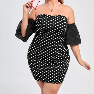 Plus Polka Dot Off Shoulder Puff Sleeve Bodycon Dress